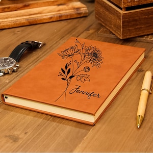 Regalo de flores del mes del nacimiento, Diario personalizado de flores de nacimiento, Cuaderno de regalo de cumpleaños, Diario de gratitud grabado, Diario de meditación