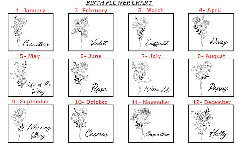 Puede incluir: Un gr&aacute;fico de flores de nacimiento en blanco y negro con 12 ilustraciones florales, cada una representando un mes. Cada ilustraci&oacute;n incluye el n&uacute;mero del mes, el nombre del mes y el nombre de la flor, como "1- Enero, Clavel."