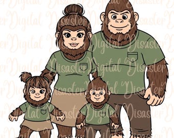 PNG de la familia Pie Grande, imágenes prediseñadas de la familia Sasquatch, camisetas familiares a juego en formato SVG, dibujo animado de Pie Grande (descarga digital)