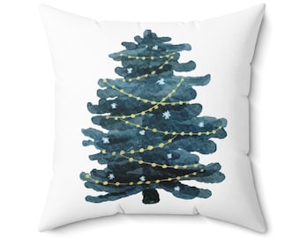 Modern Watercolor Dark Turquoise Christmas Tree Pillow Cover, Teal Coastal Christmas Decor,  Minimalist Holiday Throw Pillows