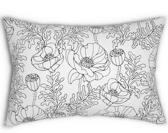Black White Floral Pillow, Coastal Pillow, Modern Floral Pillow, Lumbar Pillow, Greenery Throw Pillow, PILLOW + COVER