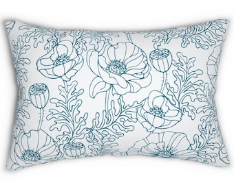 Turquoise Pillow, Floral Pillow, Teal Lumbar Pillow, Coastal Pillow, Spring Throw Pillow, PILLOW + COVER