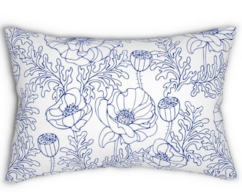 Blue Floral Pillow, Coastal Pillow, Spring Floral Throw Pillow, Blue Lumbar Pillow, Modern Floral Pillow, PILLOW + COVER