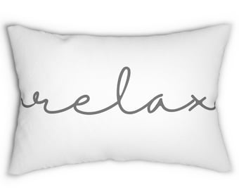 Word Pillow, Gray Lumbar Pillow, Coastal Pillow, Relax, Bedroom Throw Pillow, Guestroom Decor, Modern Toss Pillow, 14 x 20, PILLOW + COVER