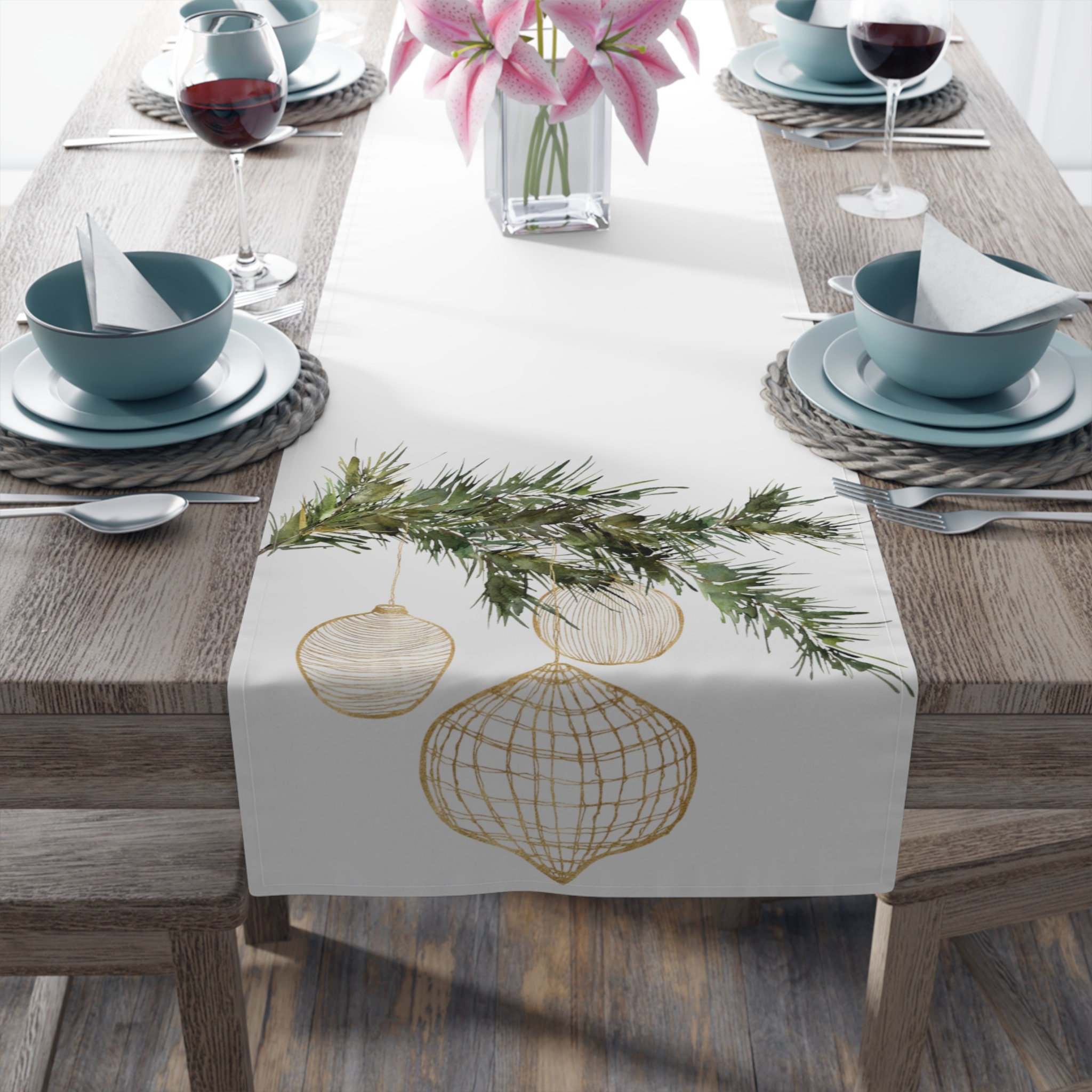 Gold and Green Table Runner, Christmas, Holiday Table Runner