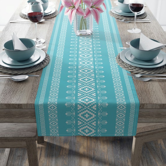 Teal Table Runner Aqua Turquoise Aztec Runner Coastal Table Runner Southwest Decor Sping Table Decor 2 Sizes 2 Fabrics Etsy