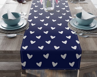 Blue Valentine's Table Runner, Hearts, Valentine's Day, Heart Table Runner, Coastal Table Runner, Dark Blue Table Decor, 2 Sizes, 2 Fabrics