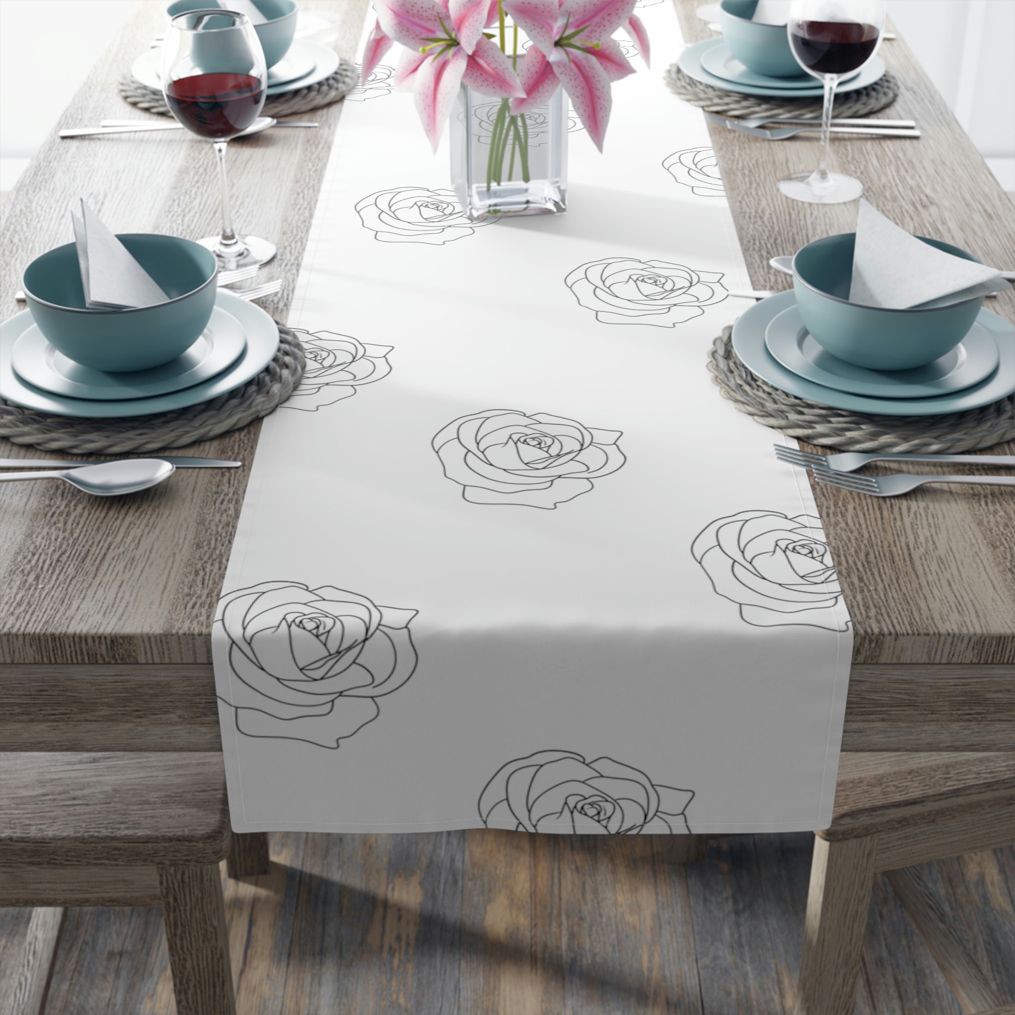 Black White Table Runner, Floral Table Runner, Coastal Table ...