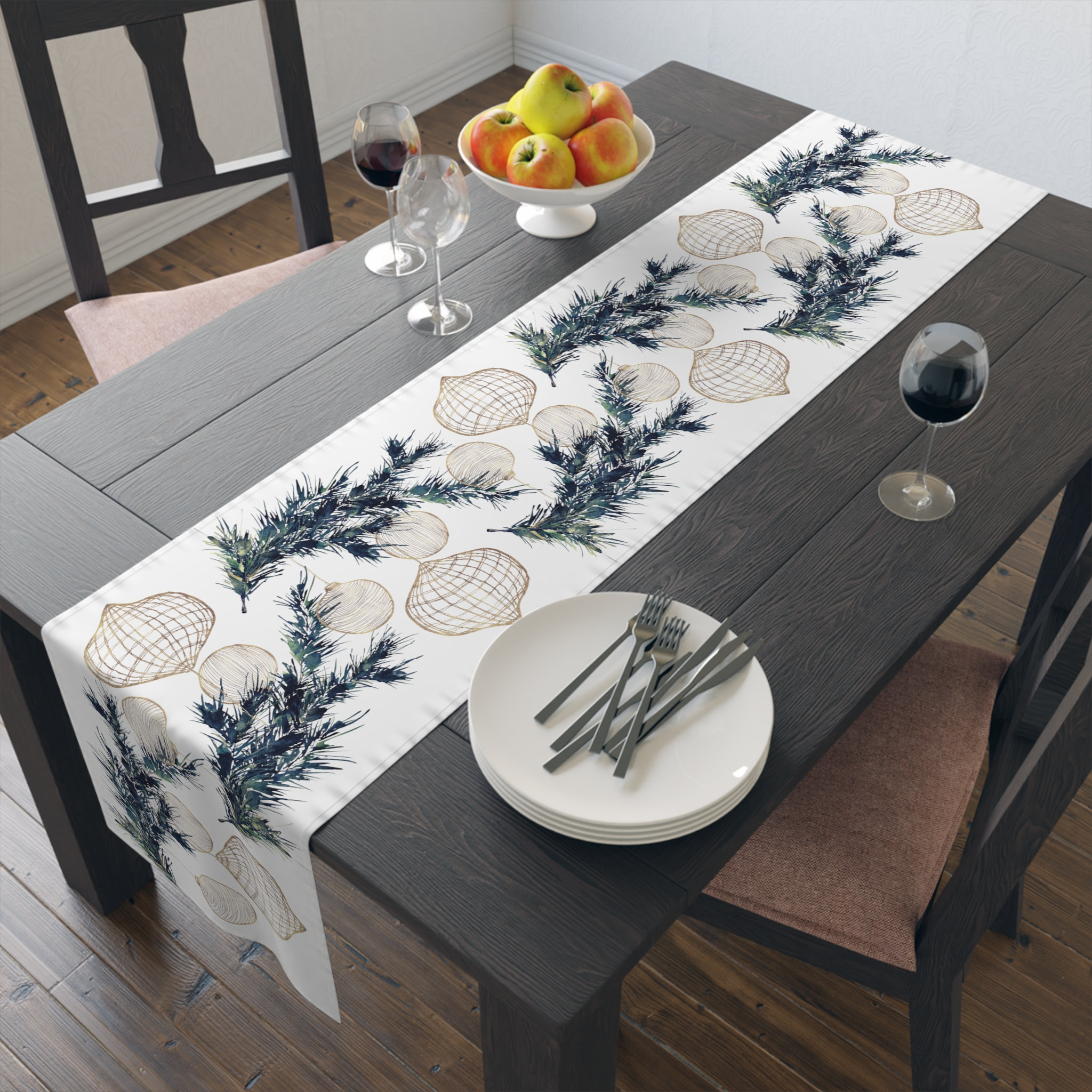 Gold and Blue Table Runner, Christmas Table Decor, Gold Holiday