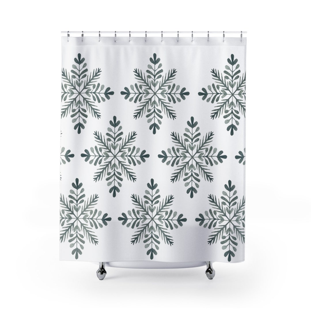 Christmas Shower Curtain, Gray, Snowflake Shower Curtain, Coastal