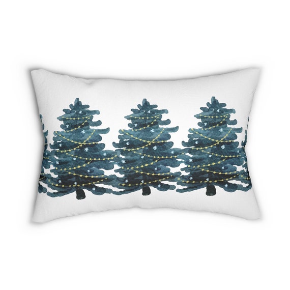 Turquoise Christmas Pillow, Coastal Christmas, Lumbar Pillow, Watercolor Christmas Tree, Holiday Throw Pillow, Modern Living Room Pillow