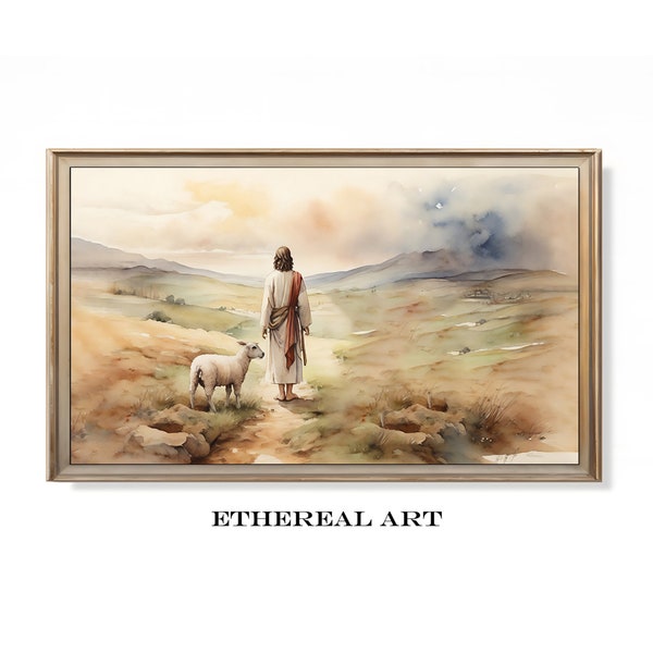Jesus Leaves The 99 Samsung Frame TV Art | Parable of The Lost Sheep | Jesus Good Shepherd Bible Watercolor Painting Frame TV Art | LDS Art