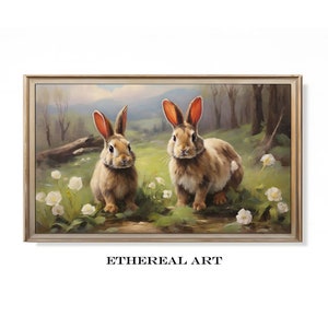 Easter Bunnies Spring Samsung Frame TV Art Vintage Oil Painting | Cottage Country Frame TV Art | Easter Rabbit Painting Neutral TV Art