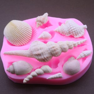 May include: Pink silicone mold with 10 different shell shapes for making cake decorations or other crafts. The mold features a variety of seashells, including clams, conch shells, and spiral shells.