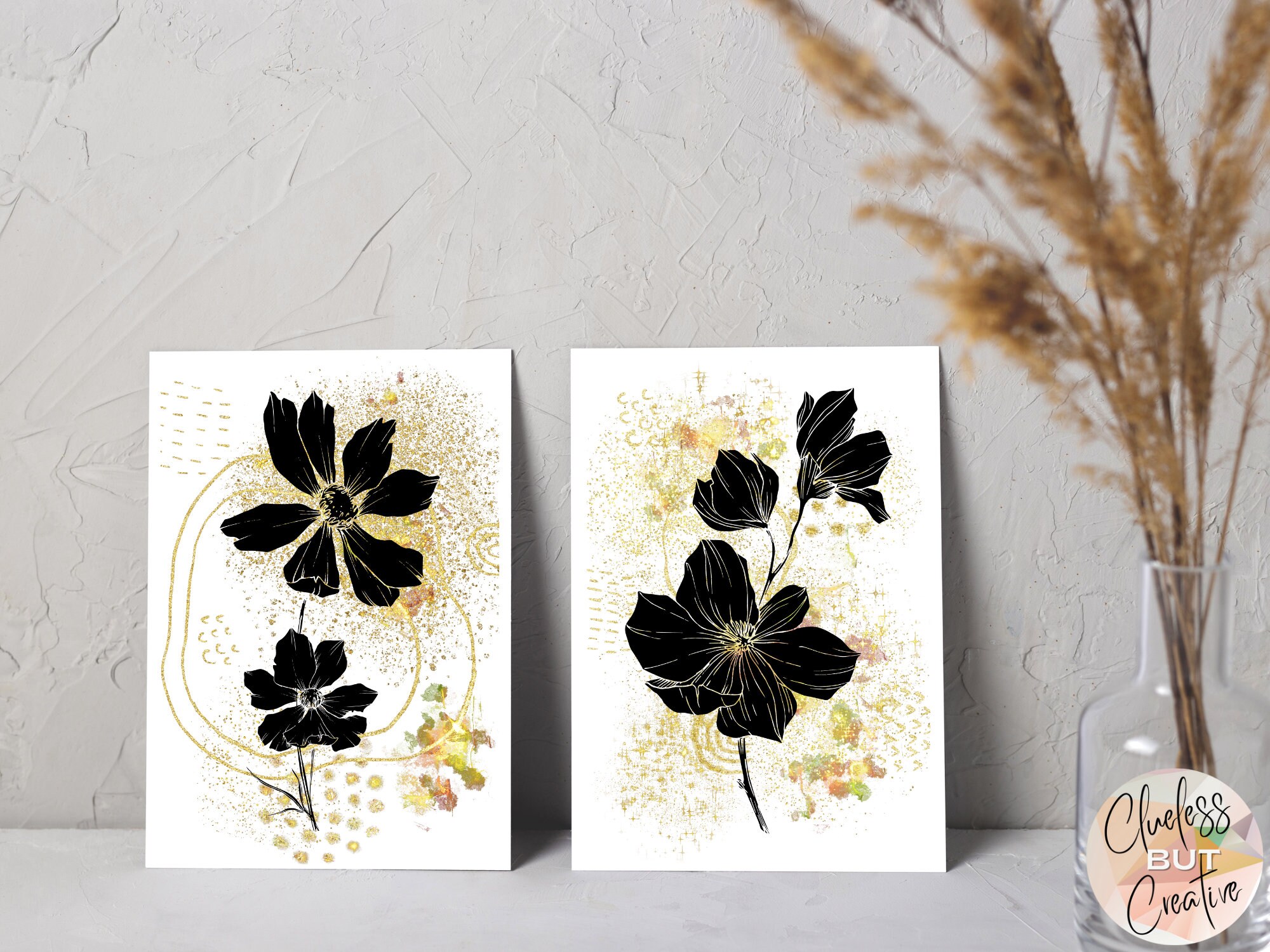 Black and Gold Botanical Prints Pair Chic Black Florals on Gold