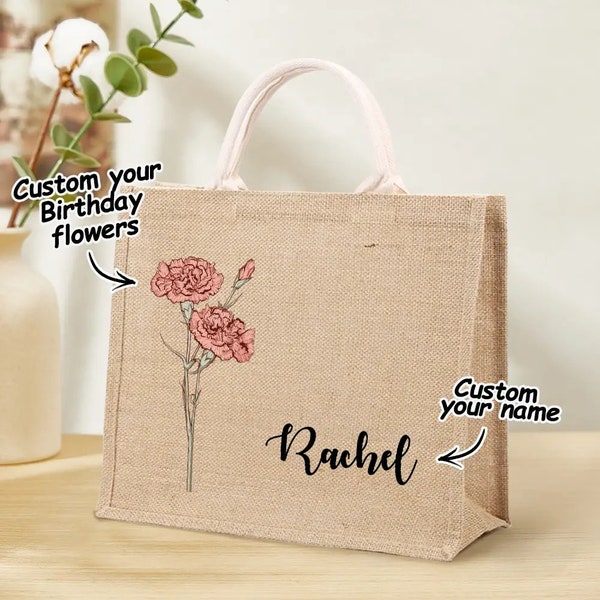 Personalized Jute Tote Bag with Birth Flower & Name - Custom Garden or Beach Bag - Ideal for Birthday, Wedding, Party Gifts for Her