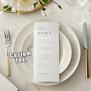 Carte de menu de mariage minimaliste personnalisée | Conception élégante de menu de dîner de mariage