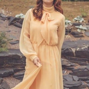 Vintage 60s Peach Orange Formal Sheer Chiffon Maxi Party Dress Bow Small Medium