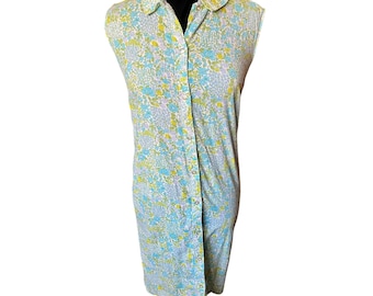 Vintage 60er Blau, Weiß und Grünes ärmelloses Ditsy Floral Day Kleid Etui Small