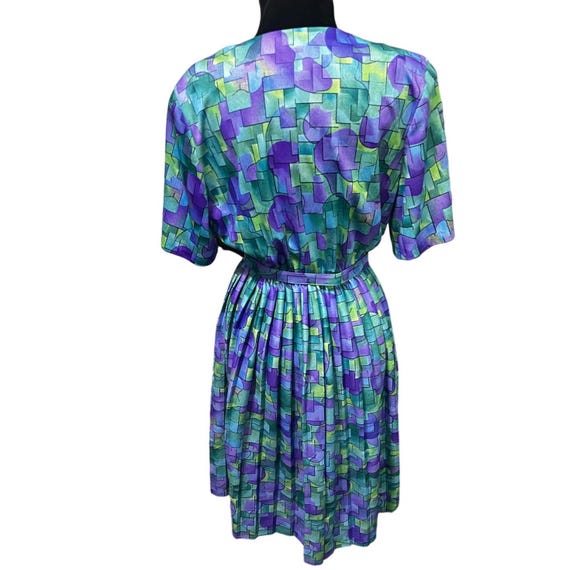 anthony green dress Vintage 80s Richards Blue Geometric Unique Pleated Large 14 Ming Dynasty Fashion