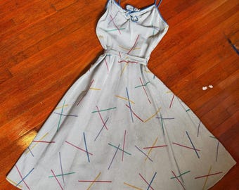 Vintage 70’s Blue White Striped Retro Fit & Flare Geometric Fun Strappy Dress XS