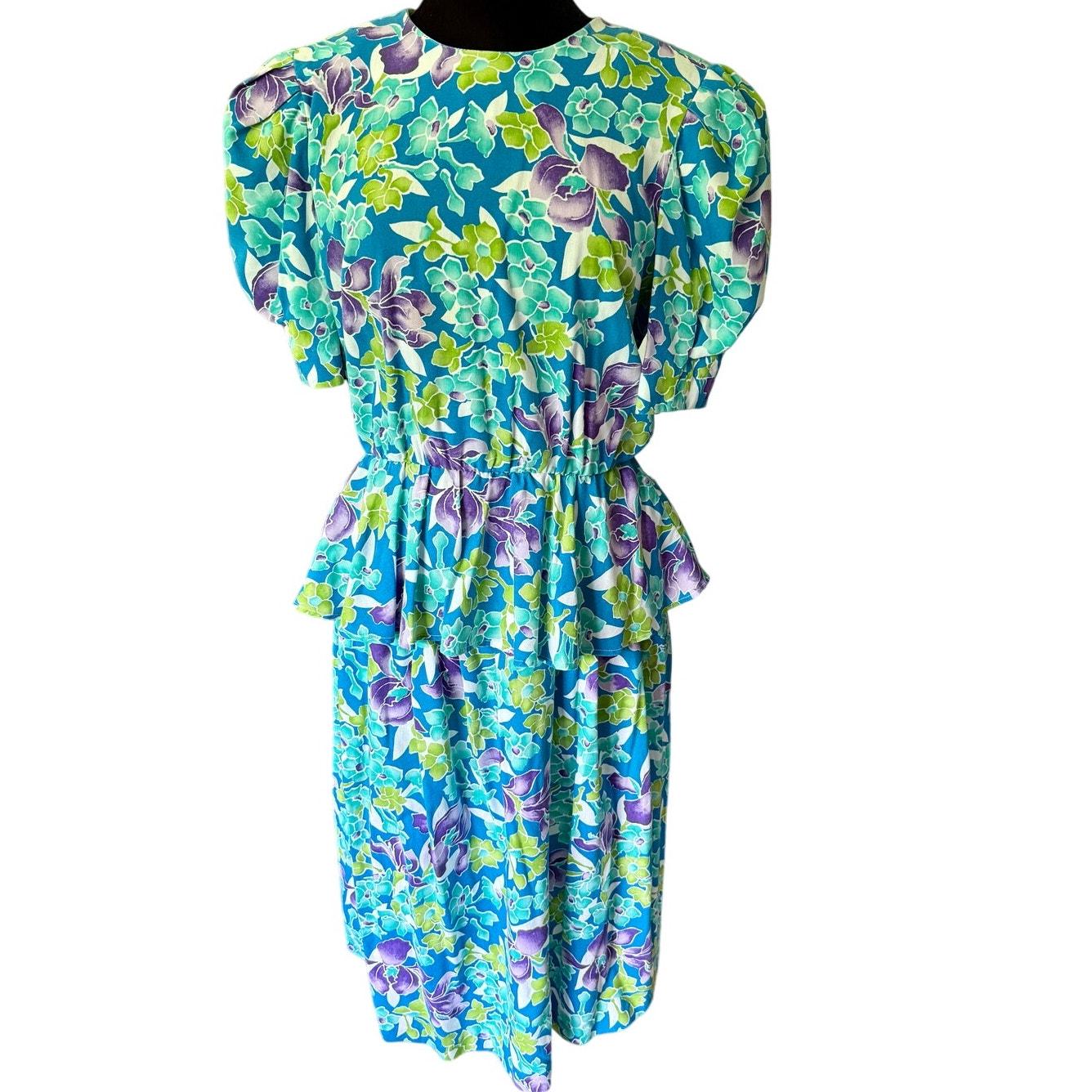 Vintage 80’s Diversity Blue Purple Floral Puff Sleeve Peplum Skirt Set Med Large