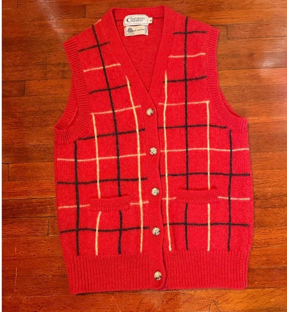 Vintage 70s Corporate Woman Red Plaid Wool Sweater Vest Small Medium Preppy Geek
