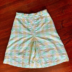 Vintage 70’s Jantzen Seersucker White Green Yellow Plaid High Waisted Shorts XS