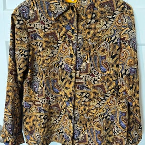 Vintage 80s Notations Boho Gold Black Purple Paisley Blouse Swirl Shirt 8 Medium