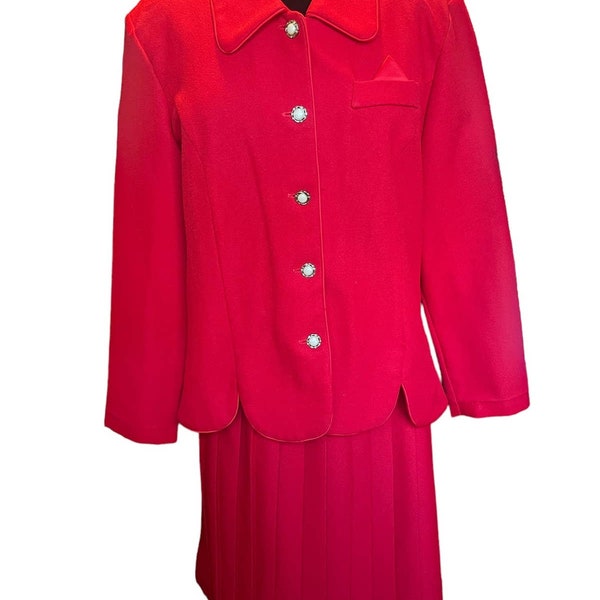 Vintage 60s 70s Breli Original Red Two Piece Pleated Skirt Suit Set Medium Large