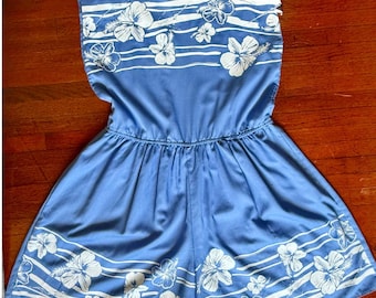 Vintage 60’s Hans Jutte Hawaii Blue White Floral Shorts Romper Jumpsuit XS Small