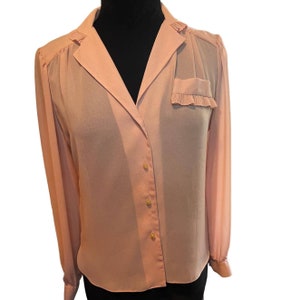 Vintage 70s Gisele Pink Secretary Ruffle Sheer Blouse Med Large Work Boho Preppy
