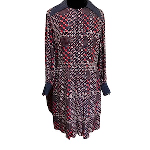 Vintage 70s Blue Red Geometric Silk Midi Pleated Dress Secretary Mod Med Large