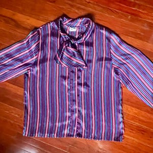 Vintage 70’s Koret Teal Pink Black Striped Secretary Blouse Ruffle Bow Med Large
