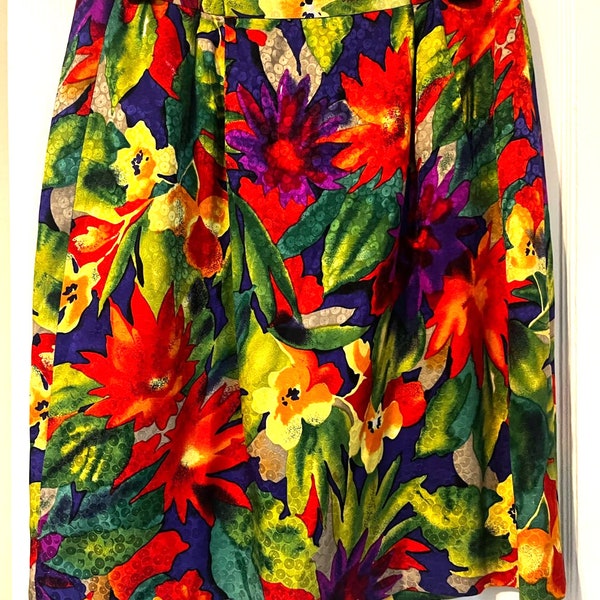 Vintage 90s Maggy London Silk Colorful Green Tropical Tiki Mini Skirt Small Med