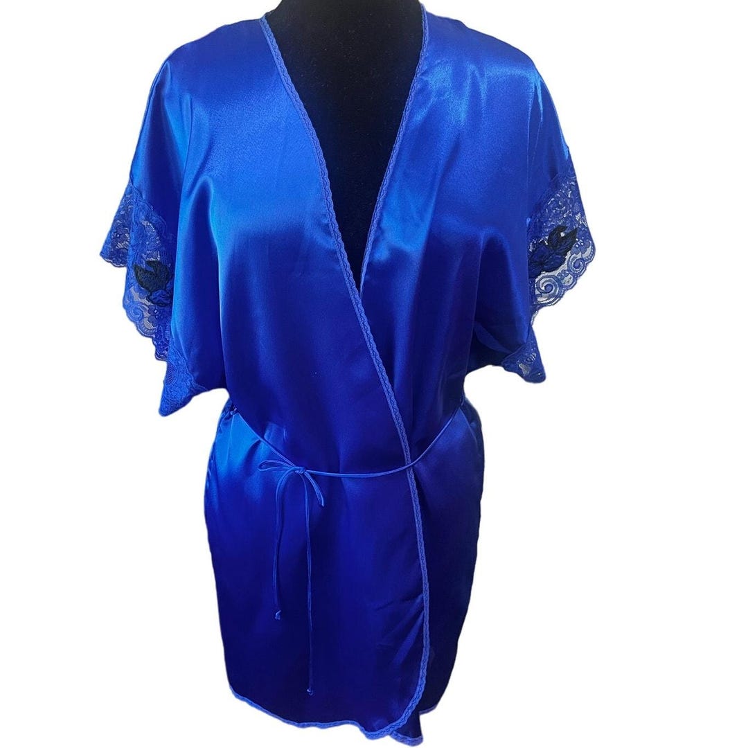 Vintage 80s Val Mode Royal Blue Sexy Lace Bathrobe Small Medium Nightie ...