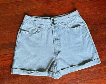 Vintage 80er Jahre Nuevo CountySeat Army Green Light Wash Hoch taillierte Shorts mit Manschetten L