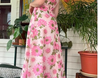 Vintage 60s Pink Green White Daisy Flower Power Empire Waist Maxi Dress XS Small