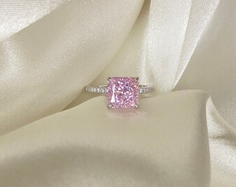 Pink princess cut ring, Pink 925 sterling silver ring, pink 925s ring, pink engagement ring, pink promise ring, pink diamond ring