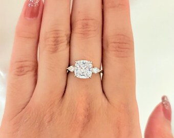 square radiant 925s three stone engagement ring, Cushion Cut Engagement Ring, Sparkling Halo Diamond Ring, Silver Statement Ring, Promise Ri