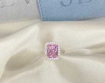 Pink Baguette cut ring, Pink 925 sterling silver ring, pink 925s ring, pink engagement ring, pink promise ring, pink diamond ring