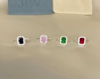 925s Baguette cut ring, Red 925s ring, pink 925s ring, pink engagement ring, emerald 925s ring, black 925s ring, silver baguette ring