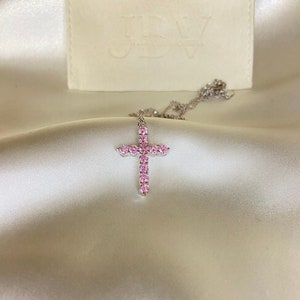 925s pink cross necklace, sterling silver pink cross necklace, pink cross necklace, pink cross necklace 925 sterling silver, pink CZ cross
