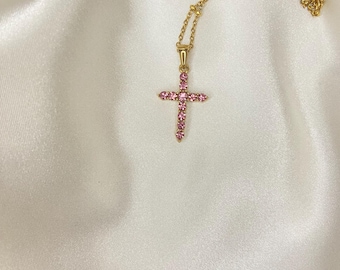 gold pink cross necklace, 18k gold plated pink cross necklace, pink cross necklace, pink cross necklace gold plated, pink CZ cross waterproo