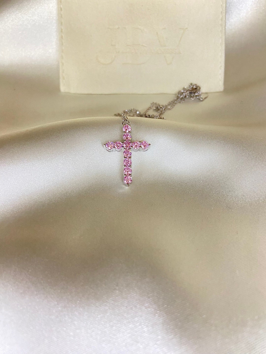 925s Pink Cross Necklace, Sterling Silver Pink Cross Necklace, Pink