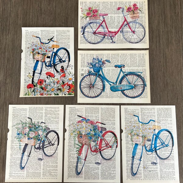 Floral Bicycle Themed Dictionary Art Prints - Set of 6