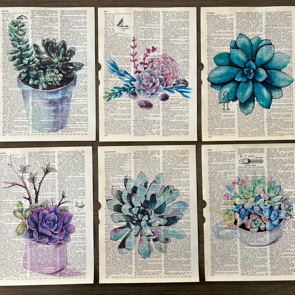 Succulent (Plant) Themed Dictionary Art Prints - Set of 6