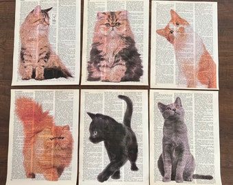 Cat Themed Art Dictionary Prints - Set of 6