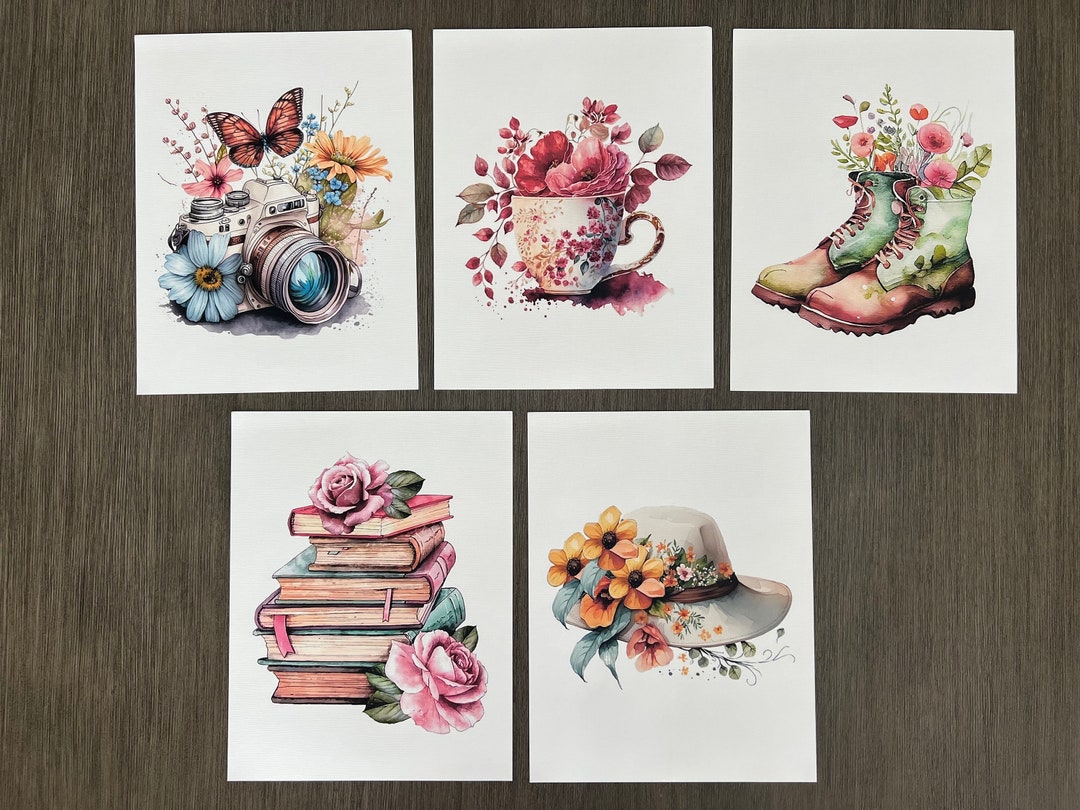 Floral Objects Themed Textured Cardstock Art Print 8.5 X 11 Set of 5 Etsy