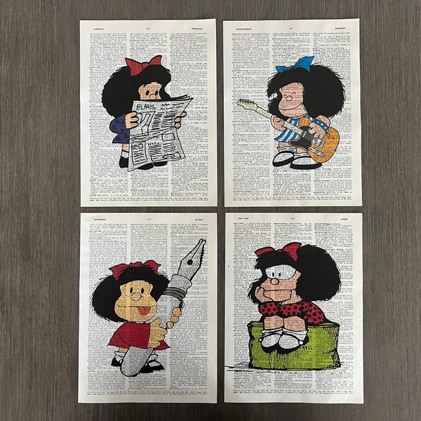 Mafalda Themed Dictionary Prints Classic Argentine Comic Book by Quino- Set of 4